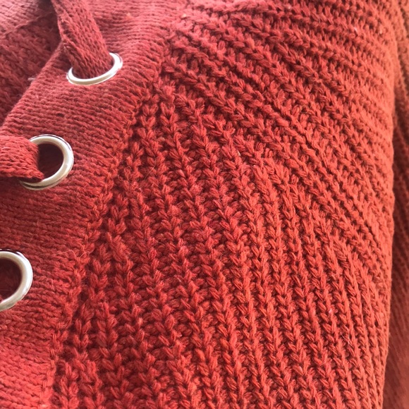 Burnt Red Rib Lace Up V Neck Tweed Knit Sweater - Picture 6 of 8
